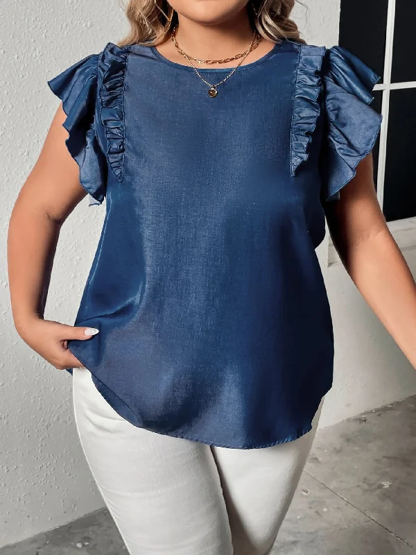 Plus Size Round Neck Flounce Sleeve Frill Trim Blouse Relaxed Fit Blouse
