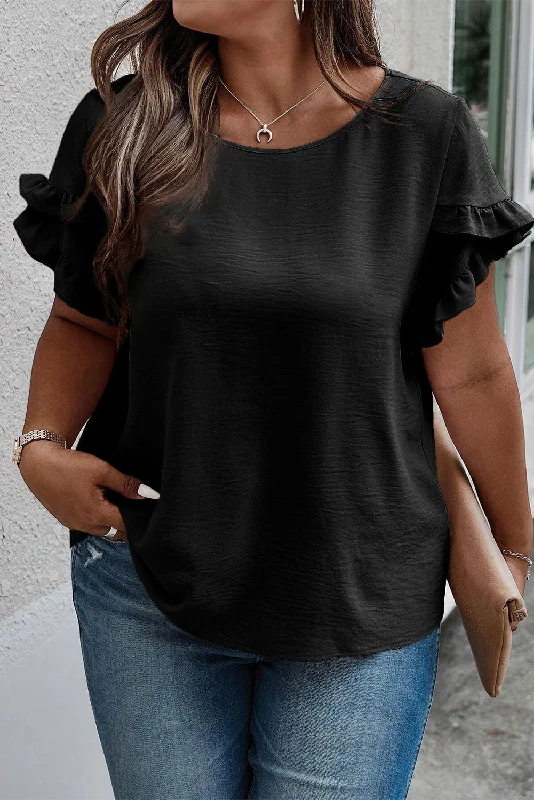 Plus Size Ruffled Round Neck Short Sleeve Blouse PLUS Drape Neck Blouse