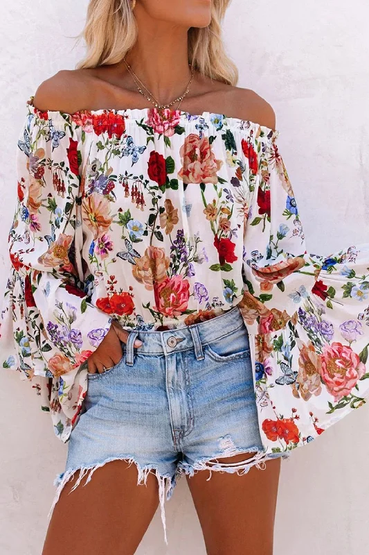 Printed Off Shoulder Flare Sleeve Blouse Peter Pan Collar Blouse
