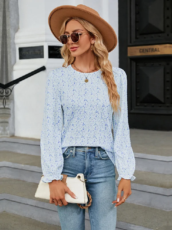 Printed Round Neck Flounce Sleeve Blouse Sweetheart Neck Blouse