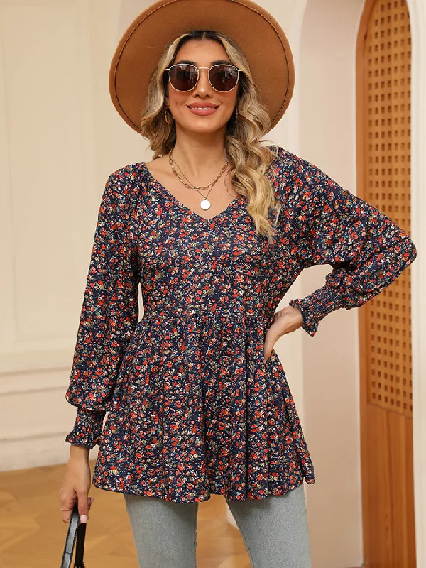 Printed V-Neck Lantern Sleeve Blouse Wrap Front Blouse