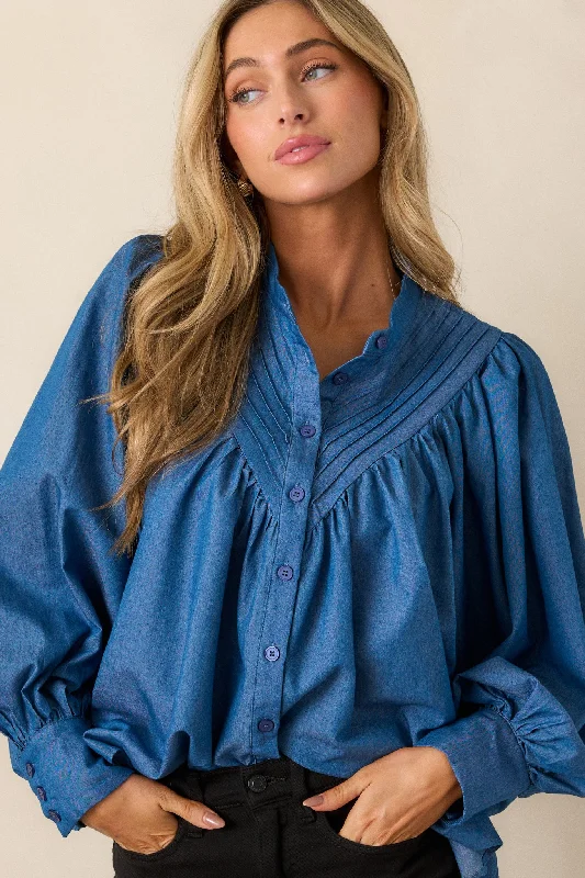 See What Happens Medium Wash Chambray Blouse High Neck Blouse