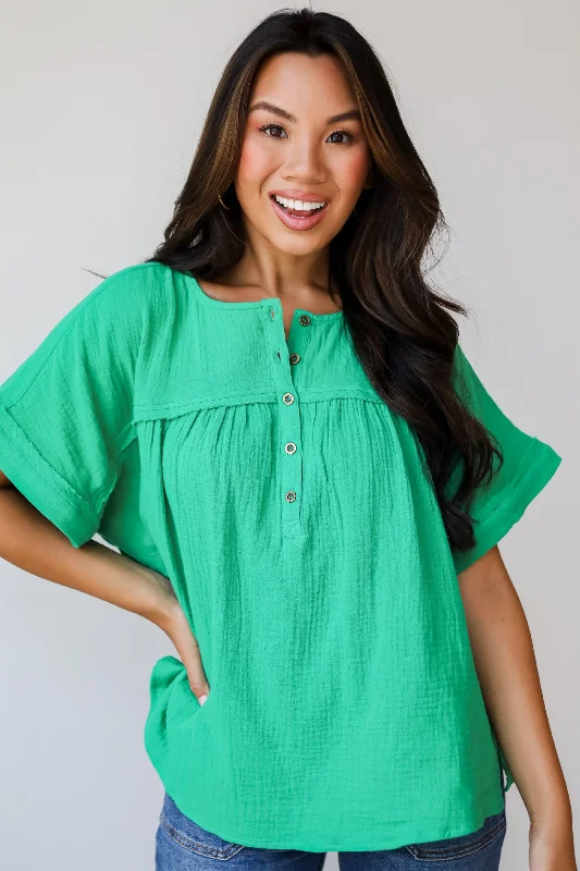 FINAL SALE - Sensational Instincts Kelly Green Linen Blouse Feminine Satin Blouse