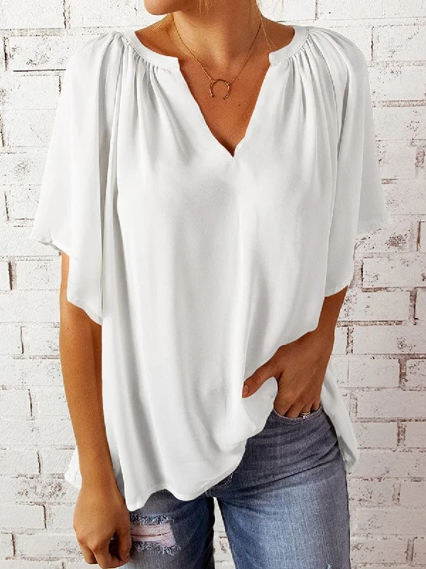 Casual V Neck Loose Chiffon Pleated Flowy Tunic Blouse Slim Fit Blouse