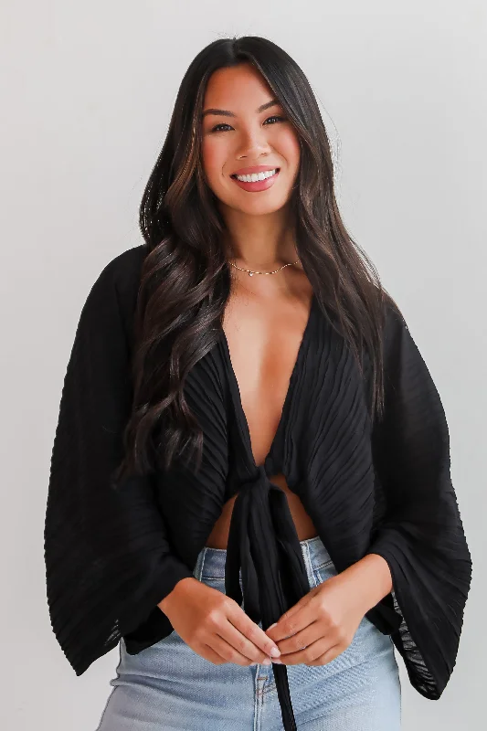Sophisticated Step Black Pleated Tie-Front Blouse Side Tie Blouse