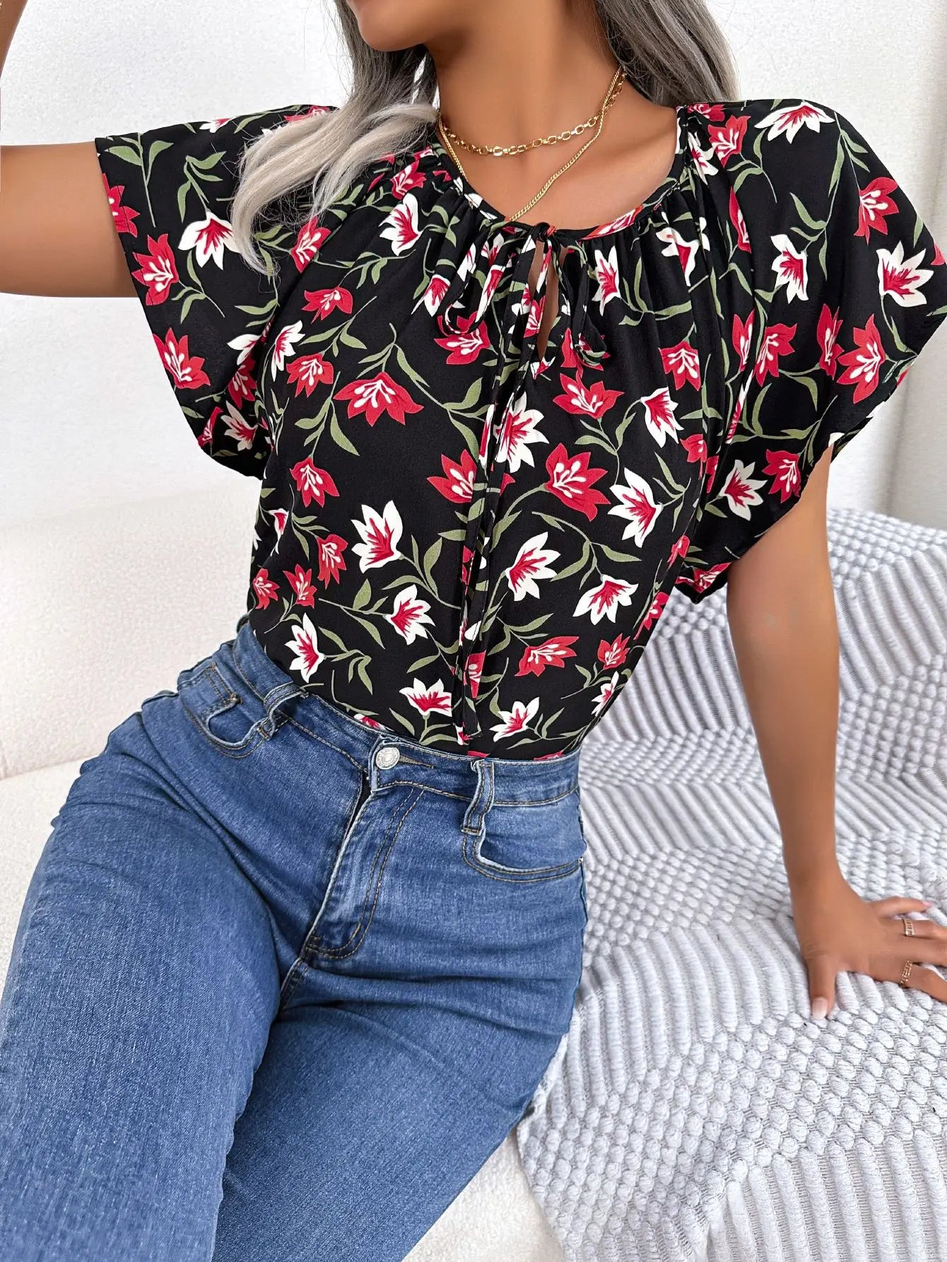 Spring Summer Casual Crew Neck Short Sleeve Floral Print Drawstring Blouse Smart Casual Blouse Spring Summer Casual Crew Neck Short Sleeve Floral Print Drawstring Blouse Smart Casual Blouse