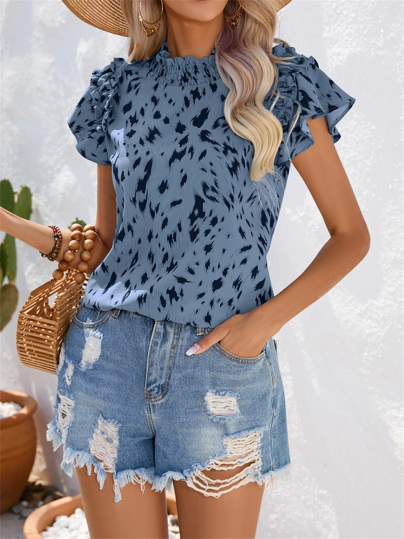 Spring Summer Casual Round Neck Wooden Ear Ruffled Leaf Sleeves Leopard Print Vacation Blouse Elegant Semi-Sheer Blouse Spring Summer Casual Round Neck Wooden Ear Ruffled Leaf Sleeves Leopard Print Vacation Blouse Elegant Semi-Sheer Blouse
