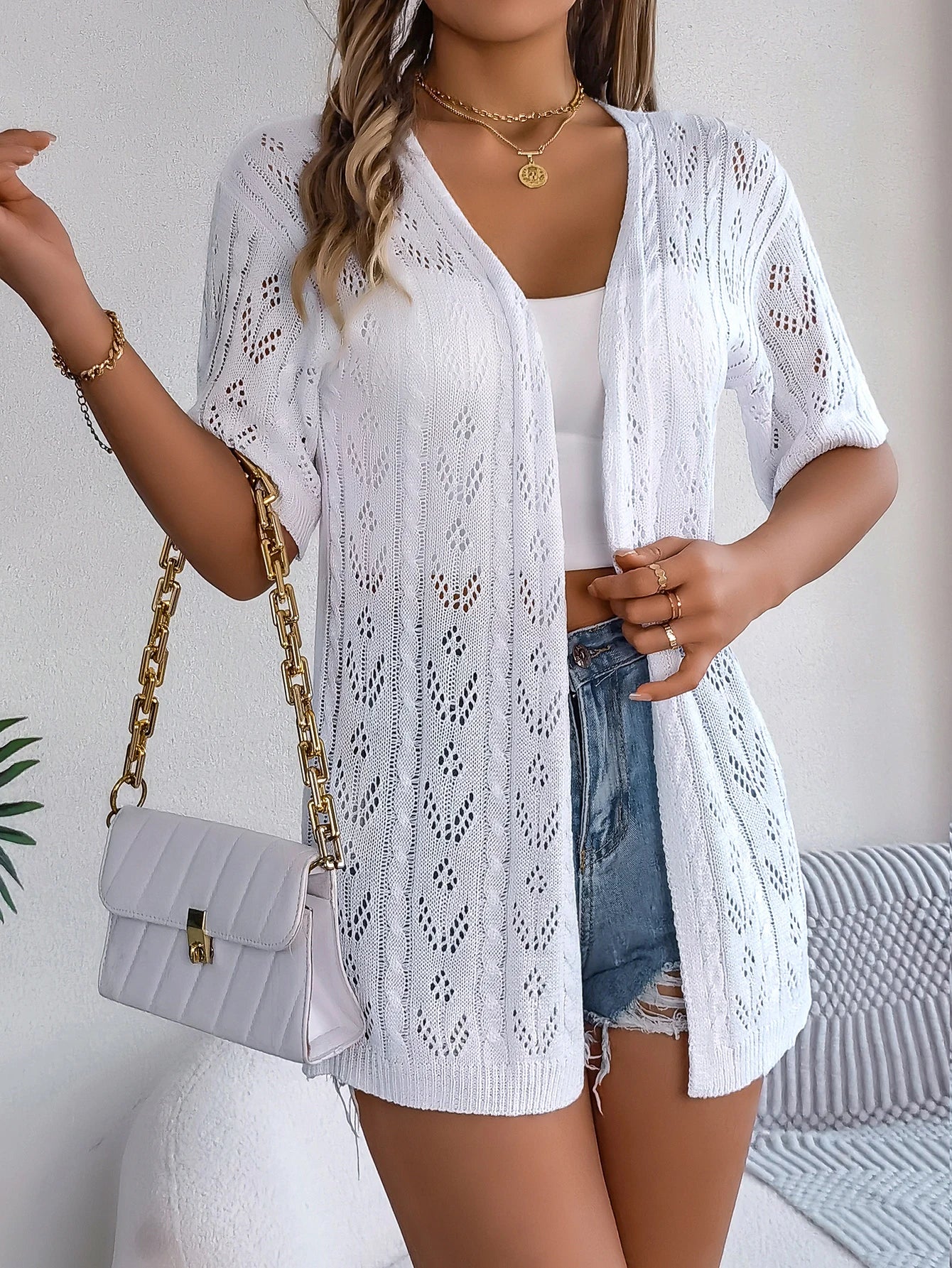 Spring Summer Solid Color Pointelle Knit Open Front Short Sleeve Blouse Casual Stripe Blouse Spring Summer Solid Color Pointelle Knit Open Front Short Sleeve Blouse Casual Stripe Blouse