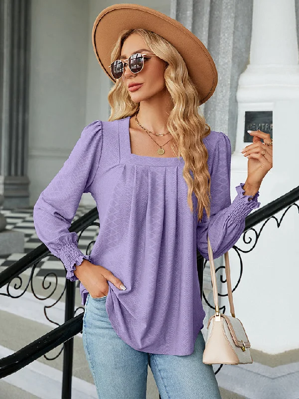 Square Neck Puff Sleeve Blouse Stretchy Fitted Blouse