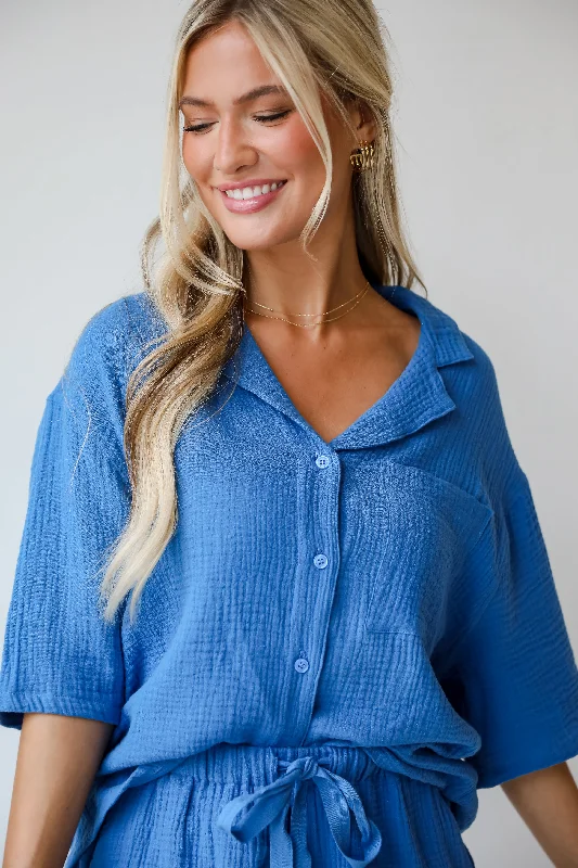 FINAL SALE - Stylish Ease Blue Linen Blouse - DU DEAL Casual Relaxed Blouse