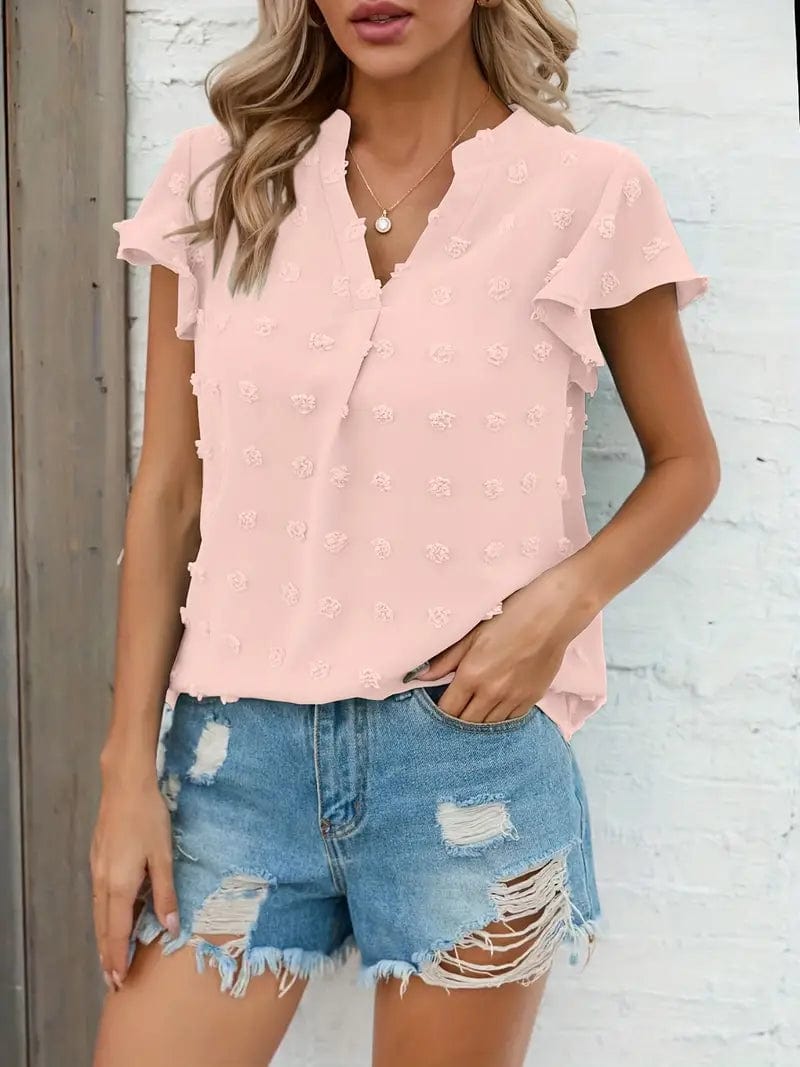 Swiss Dot V Neck Blouse with Ruffled Sleeves for Women's Spring & Summer Fashion Modern Oversized Blouse