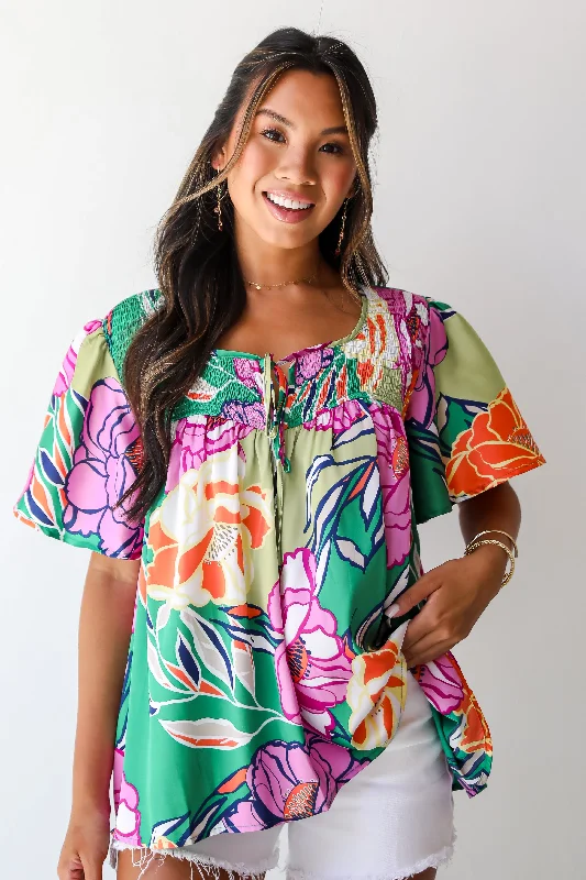 FINAL SALE - Treasured Vibe Green Satin Floral Blouse Short Sleeve Blouse