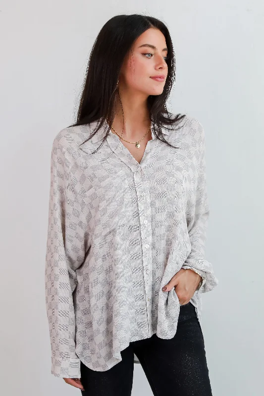 Truly A Beauty Natural Checkered Button-Up Blouse Oversized Silk Blouse