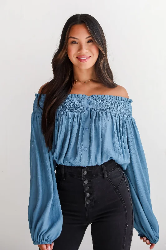 Utterly Pretty Blue Off-The-Shoulder Cropped Blouse - DU DEAL Double Button Blouse