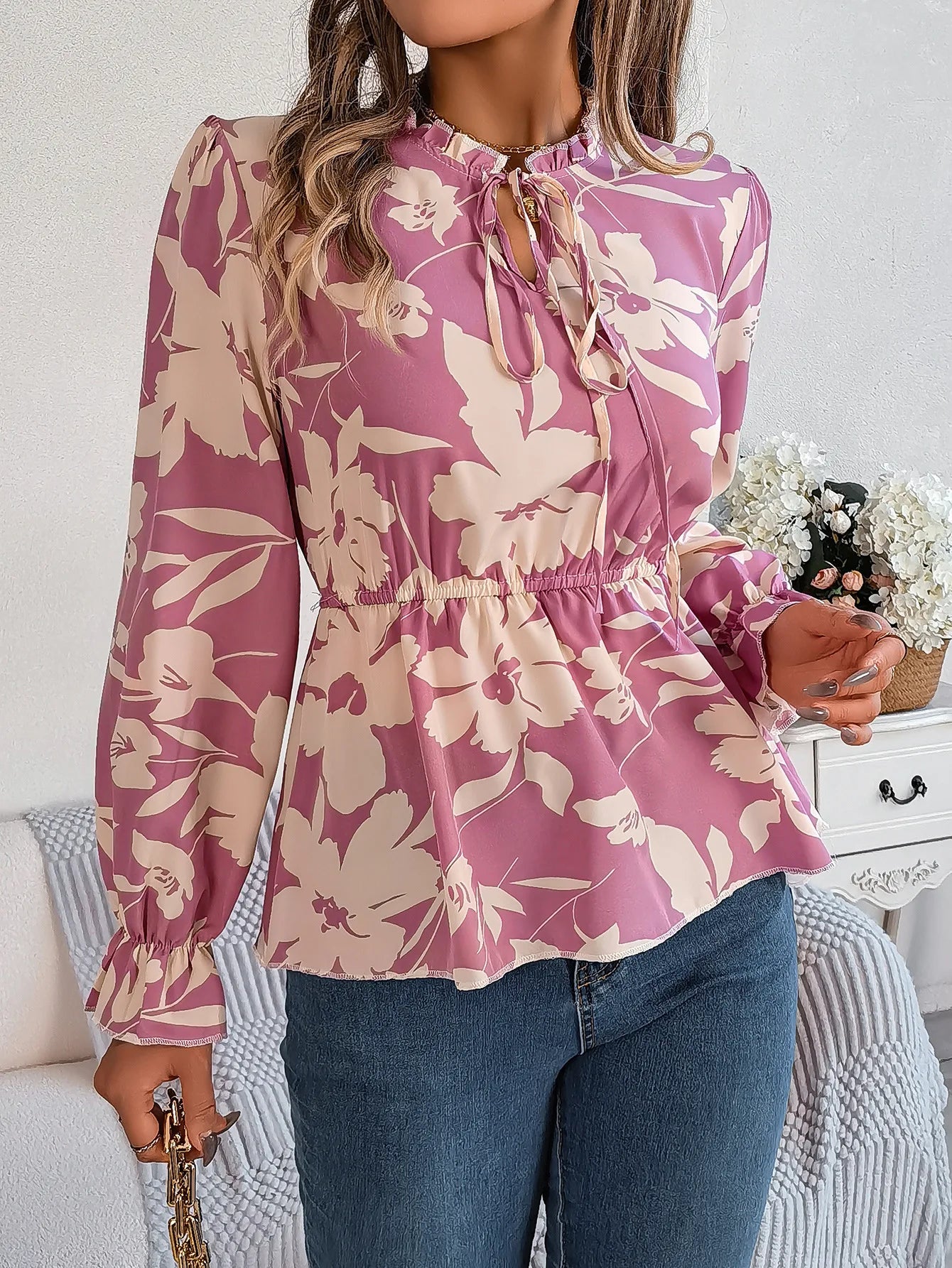 Vacation Style Tie Neck Long Sleeve Waist-tied Floral Print Women's Blouse Off-Shoulder Wrap Blouse Vacation Style Tie Neck Long Sleeve Waist-tied Floral Print Women's Blouse Off-Shoulder Wrap Blouse