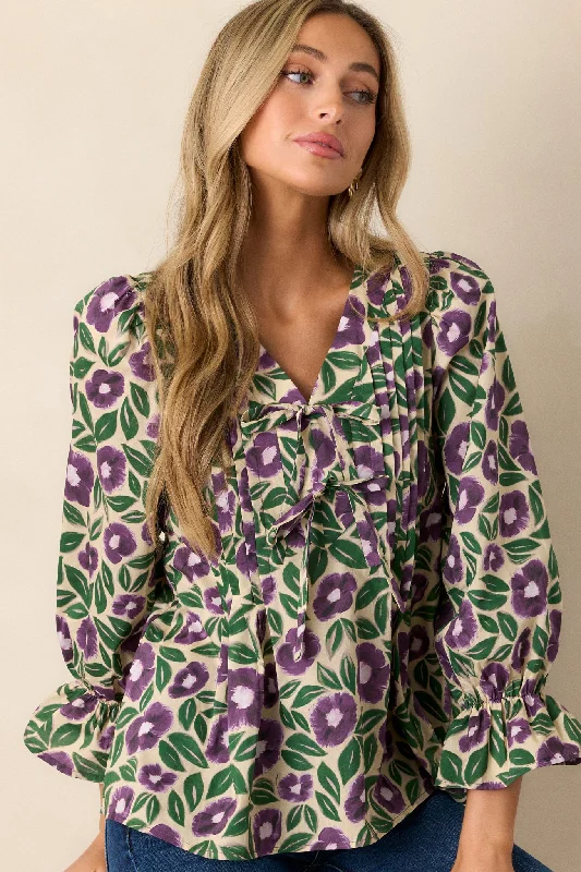 Whispering Willows 100% Cotton Purple Floral Blouse Casual Relaxed Blouse
