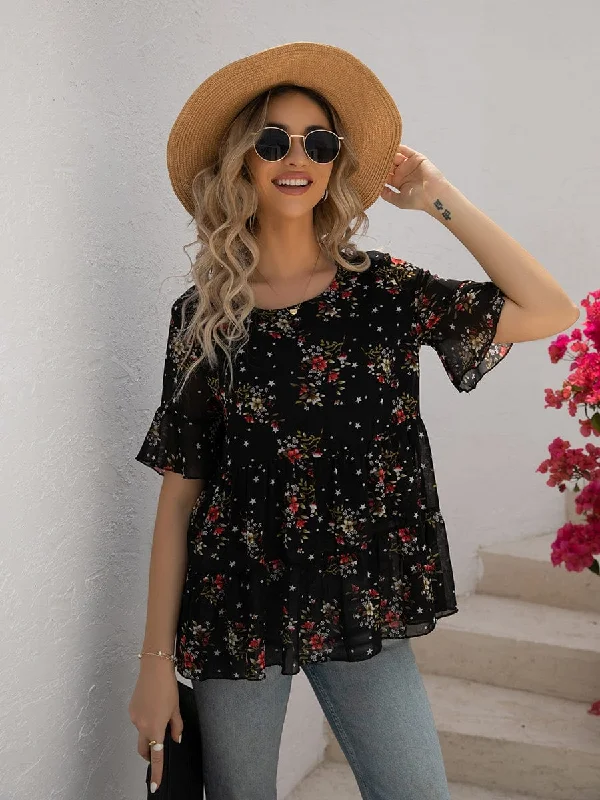 Plus Size Round Neck Floral Printed Pattern Chiffon Blouse Lightweight Linen Blouse