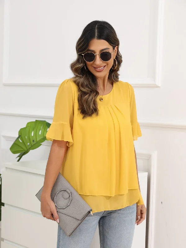 Solid Color Round Neck Short Sleeve Pleated Chiffon Blouse Double-Layered Blouse
