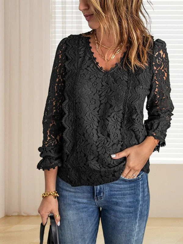 Women's Blouse Lace Embroidery Stitching Bow Tie Long Sleeves Blouse Pleated Collar Blouse Women's Blouse Lace Embroidery Stitching Bow Tie Long Sleeves Blouse Pleated Collar Blouse