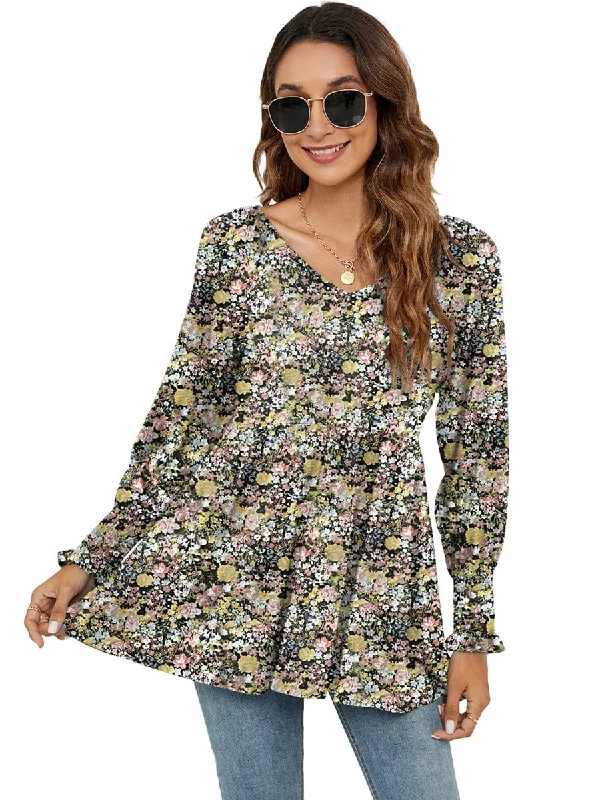 Printed Bubble Long-Sleeved Waist Blouse Feminine Pastel Blouse