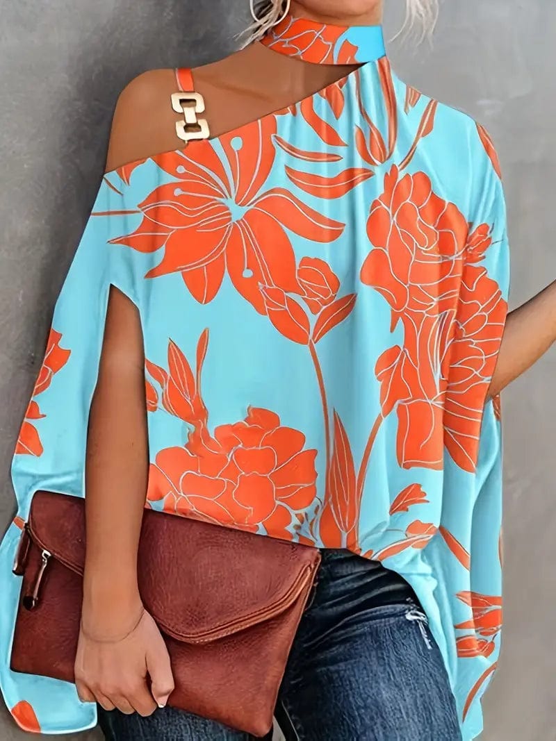 Floral Print Halter Batwing Sleeve Women's Blouse for Summer Soft Knit Blouse
