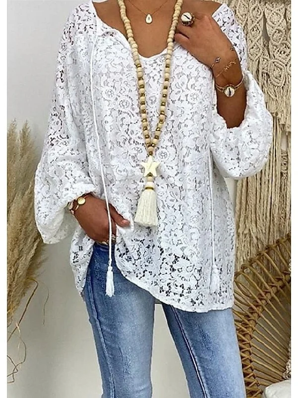 Women's Blouse White Floral Lace Long Sleeve Daily Vacation Streetwear Elegant Casual V Neck Plus Size L Lightweight Tunic Blouse Women's Blouse White Floral Lace Long Sleeve Daily Vacation Streetwear Elegant Casual V Neck Plus Size L Lightweight Tunic Blouse