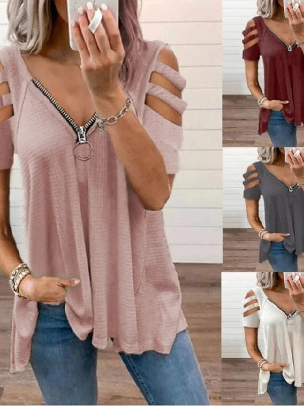 Summer Plaid V Neck Women's Zipper Blouse - Wine Red Black White Pink Green Chic Off-Shoulder Blouse Summer Plaid V Neck Women's Zipper Blouse - Wine Red Black White Pink Green Chic Off-Shoulder Blouse