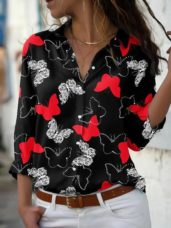 Butterfly Print Button Long Sleeve Blouse Embroidered Floral Blouse