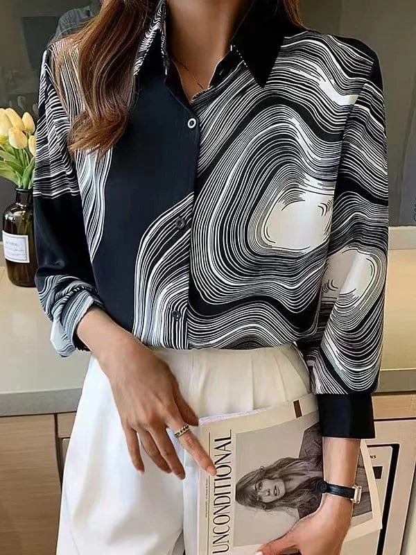 Button Long Sleeves Lapel Printed Blouse Collared Satin Blouse