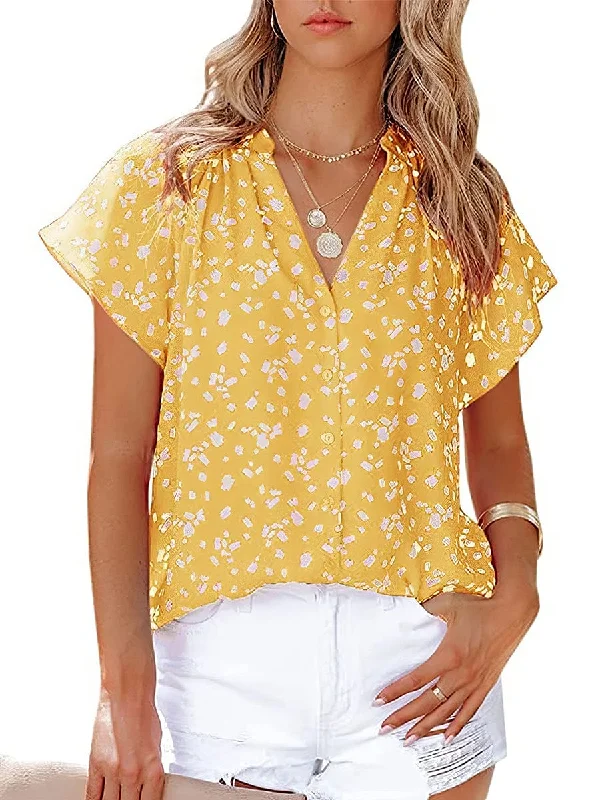 Chiffon Fashion Printed V-Neck Short Sleeve Blouse Ruffled Neck Blouse