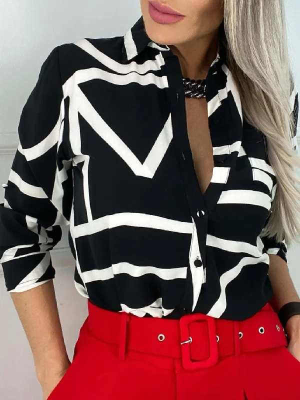 Button Up Fashion Print Long Sleeve Women's Blouse - V-Neck - Halter - Lightweight Semi-Sheer Blouse