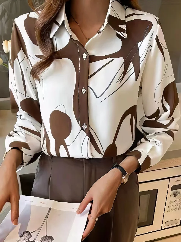 Long Sleeve Stand Collar Button Printed Blouse Soft Knit Blouse