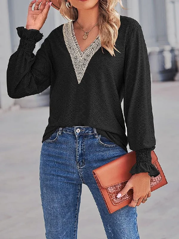 Loose Cut Out Lace Panel V-Neck Lace Blouse Stylish Wrap Blouse