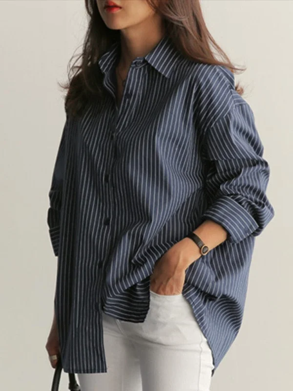 Loose Striped Oversized Long Sleeve Blouse Gathered Detail Blouse