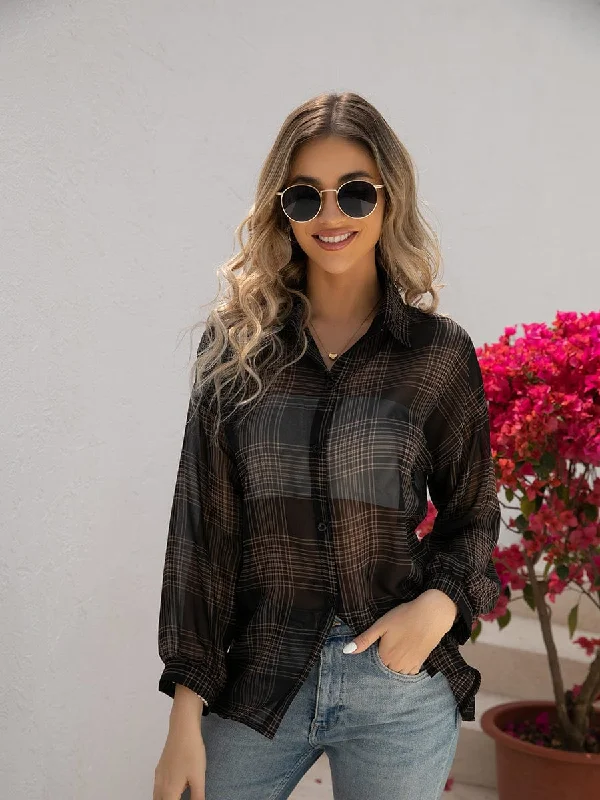 Plaid Hong Kong Style Long Sleeve Blouse Chic Sleeveless Blouse