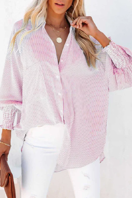 Simple Solid Lapel Button Long Sleeve Blouses Floral Print Blouse