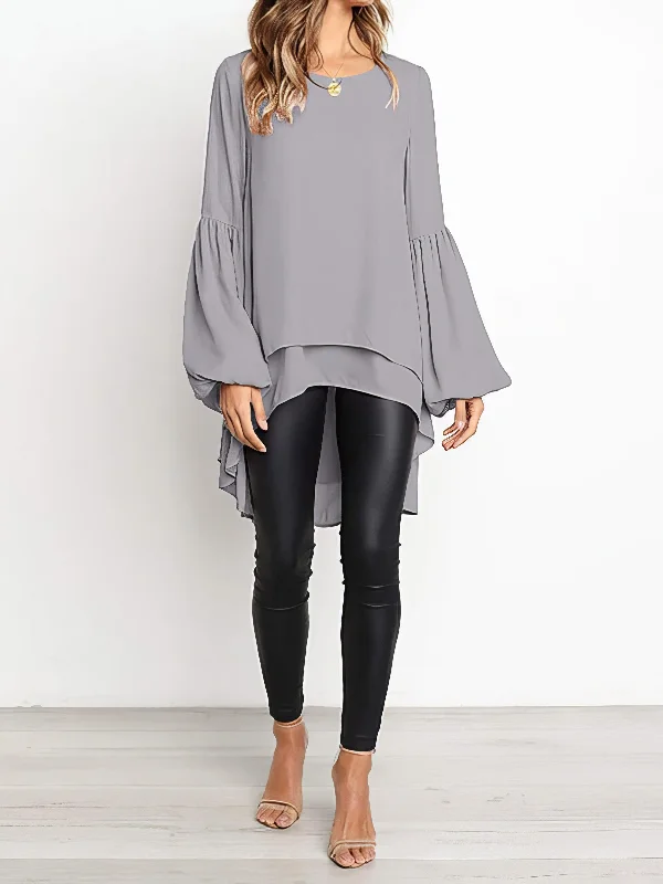 Small Fresh Pure Color Chiffon Round Neck Lantern Sleeve Blouse Textured Cotton Blouse