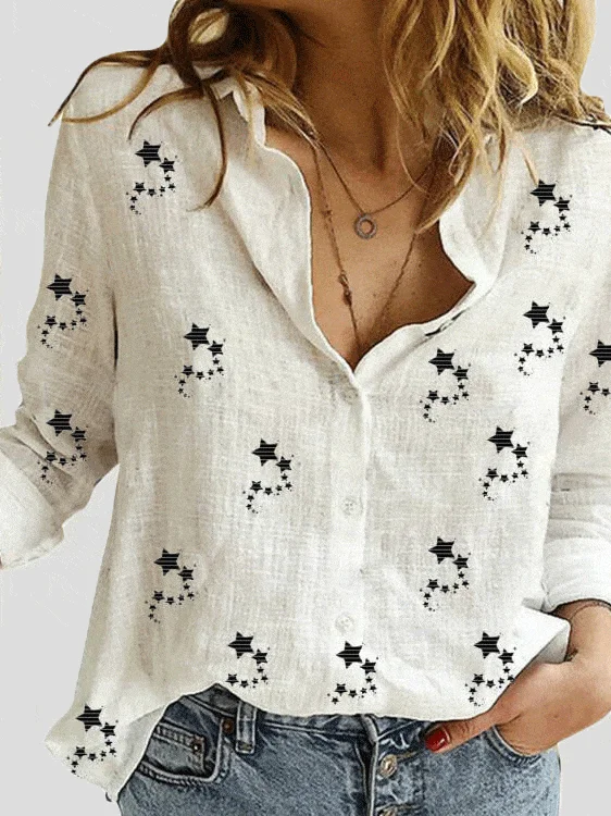 Small Star Print Button Long Sleeve Blouse High Neck Blouse