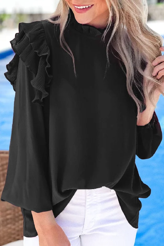 Solid Ruffled V-Neck Long Sleeve Blouse Stretchy Fitted Blouse