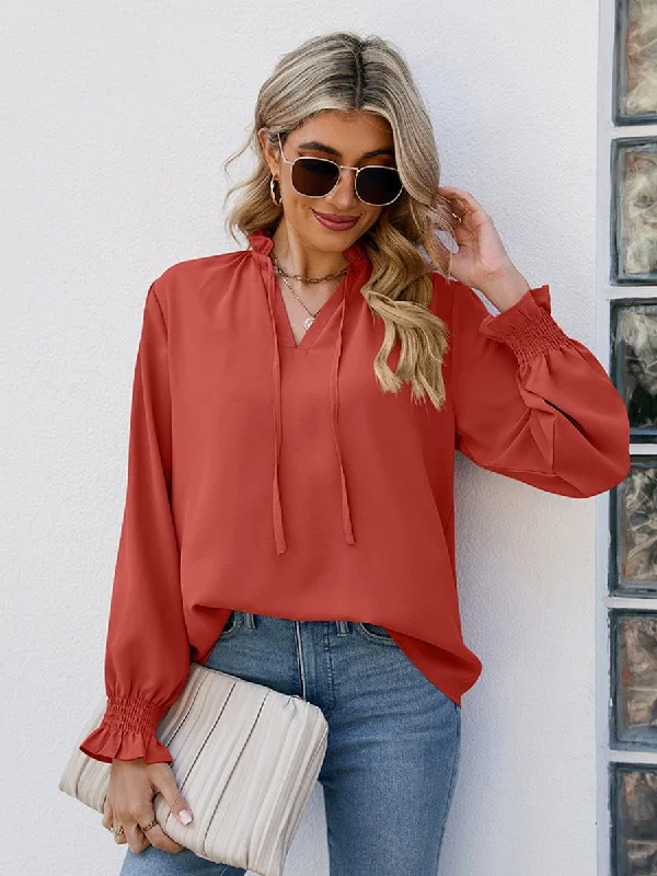 V Neck Bandal Soft Fashionable Blouse Elegant Semi-Sheer Blouse