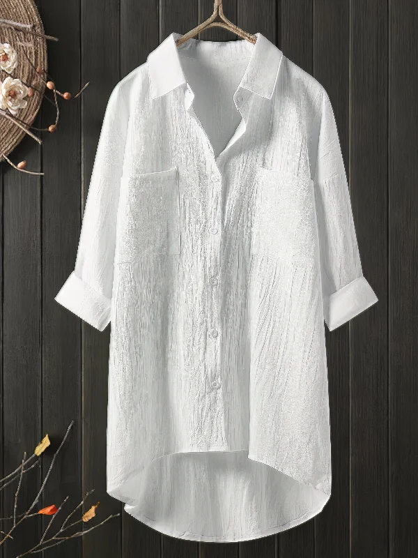 Solid Color Button Pocket Casual Collar Cotton Blouse Vintage Polka Blouse