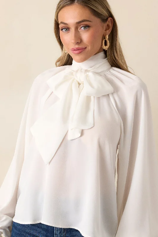 World Class White Bow Tie Blouse Versatile Layering Blouse