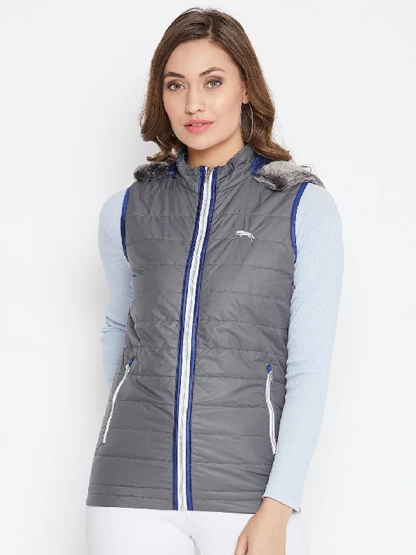Women Grey Casual Quilted Jacket Silk Blend Satin Velvet