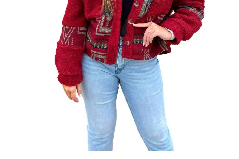 Aztec Sherpa Crop Jacket In Red Denim Fabric Leather Fabric Suede Fabric