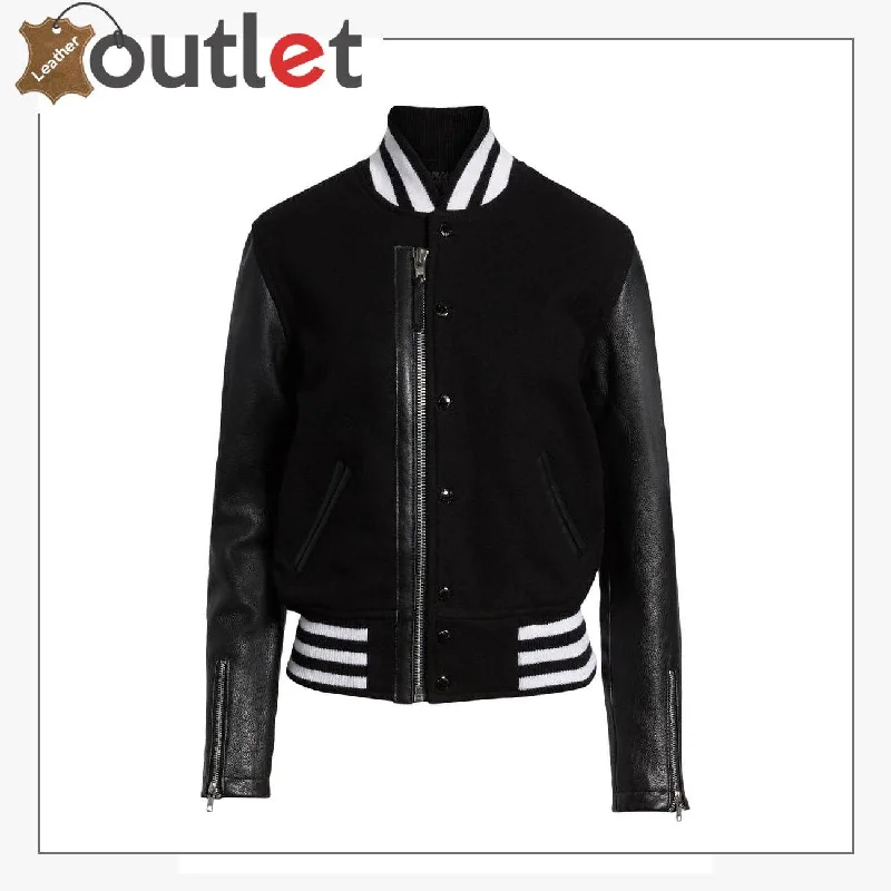 Biker Black Varsity Jacket For Women V-Neck T-Shirt Long Sleeve Cotton