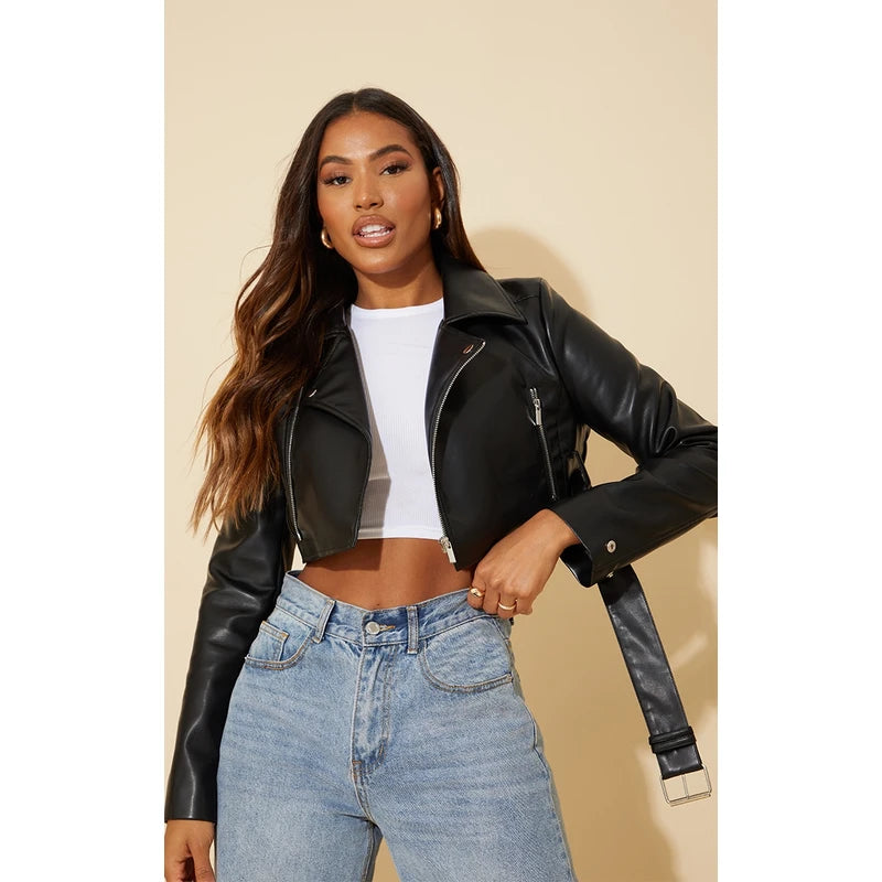 Super Cropped Belted Biker Leather Jacket Striped Floral Plaid