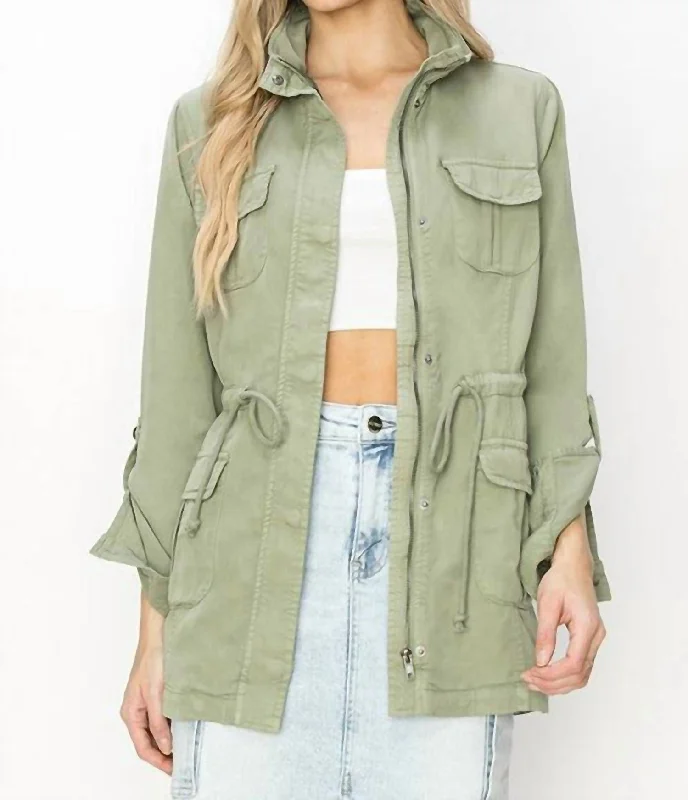 Calliope Tencel Anorak Jacket In Sage Green Lace Blend Ribbed Blend Corduroy Blend