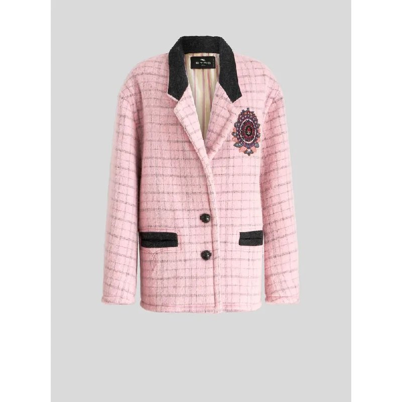 CHECK JACKET WITH EMBROIDERY Sequined Glittery Shiny