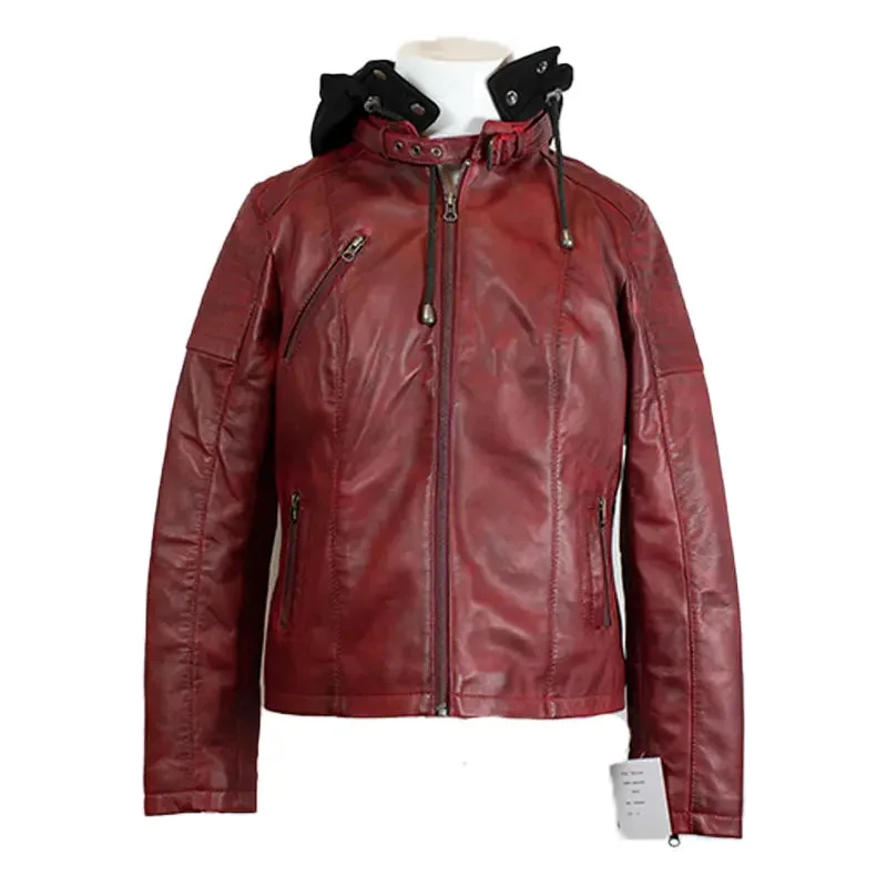 BOL Women's Hooded Leather Jacket Zippered Front Buttoned Front Snap Front