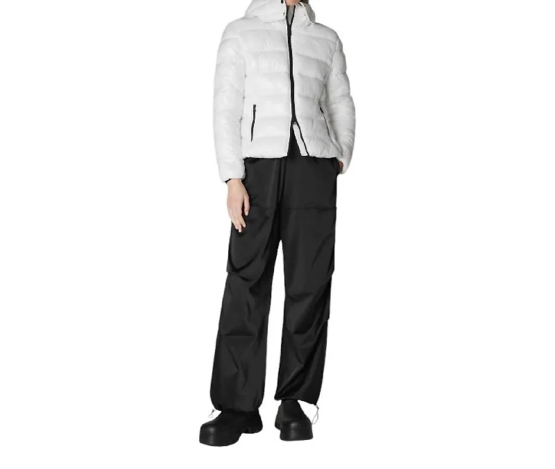 Cosmary Hooded Puffer Jacket In Off White Zippered Buttoned Snapped